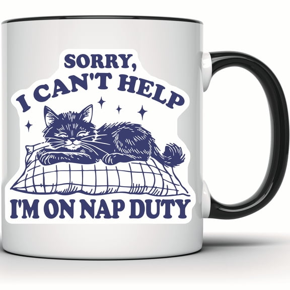 Funny Cat Nap Duty Mug | Cute Cat Lover Gift | Crazy Cat Lady Coffee Mug | Gift for Cat Mom - 11 Ounce Black Rim Handle Novelty Coffee Cup - WMUG0900-Black Rim