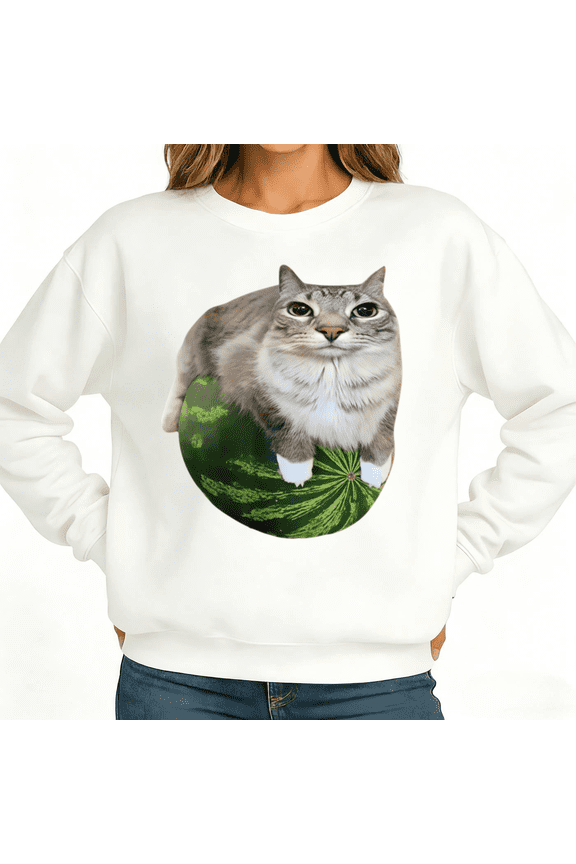 Funny Cat On Watermelon Womans Print Sweatshirt Graphic Sweatshirt Black White S-3XL Pet Casual Tops
