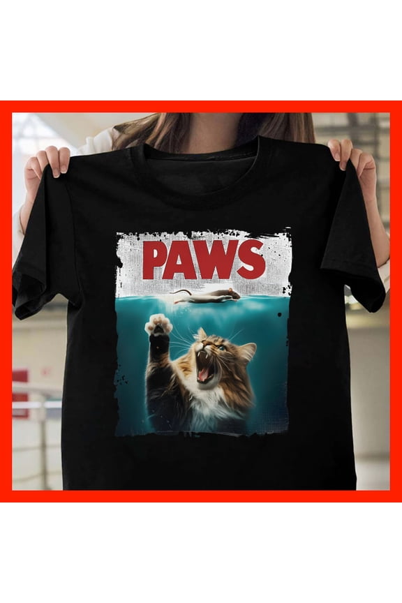 Funny Cat 'PAWS' Jaws Movie Parody T-Shirt - Humorous Pet Lover Gift T725, Softstyle for Unisex, Sizes S–5XL