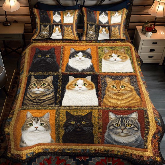 Funny Cat Patchwork 3-Piece Quilted Bedding Set