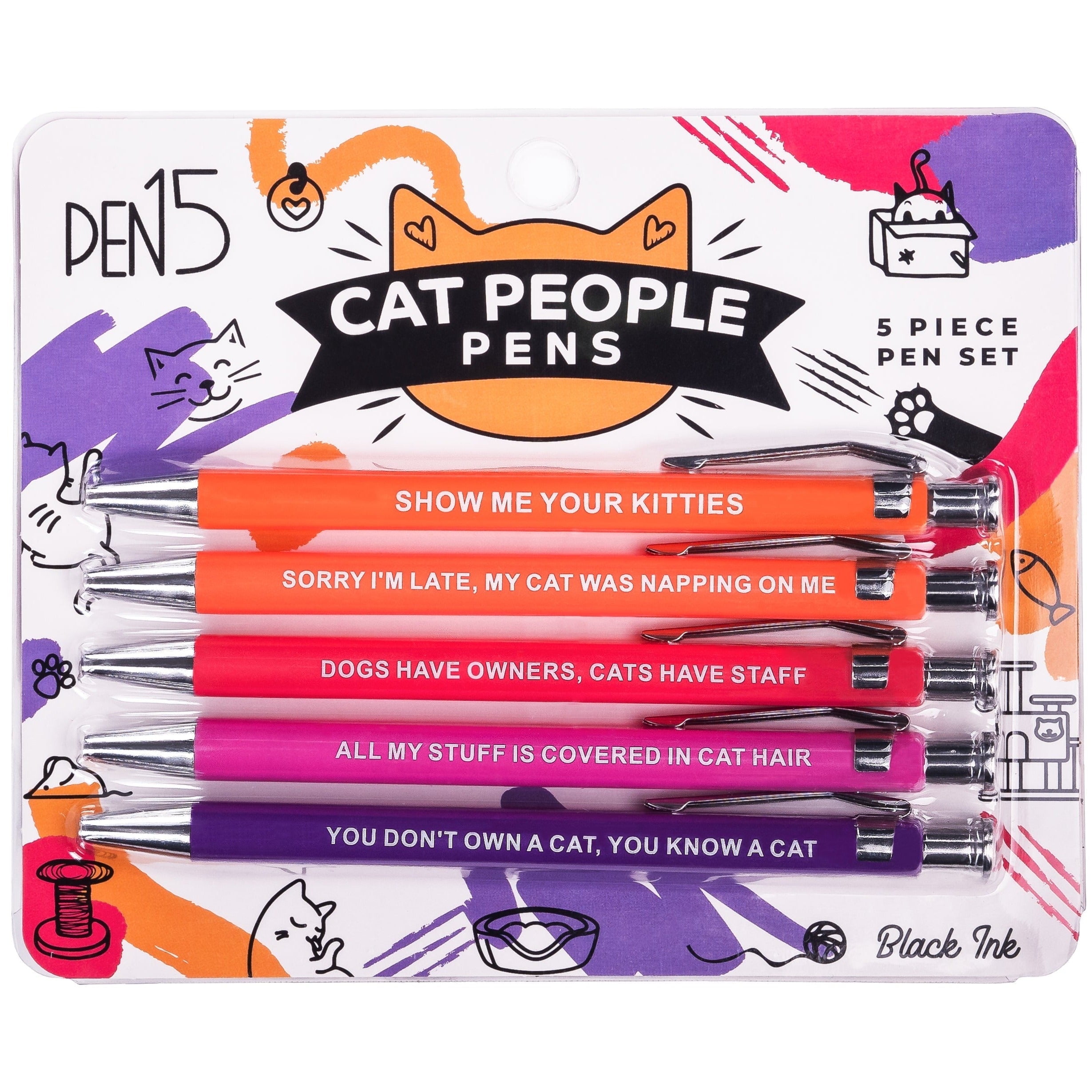 Funny Cat People Pens, A snarky office gag gift for pet owners, cat lovers, or coworkers, Black ballpoint pens with funny sayings