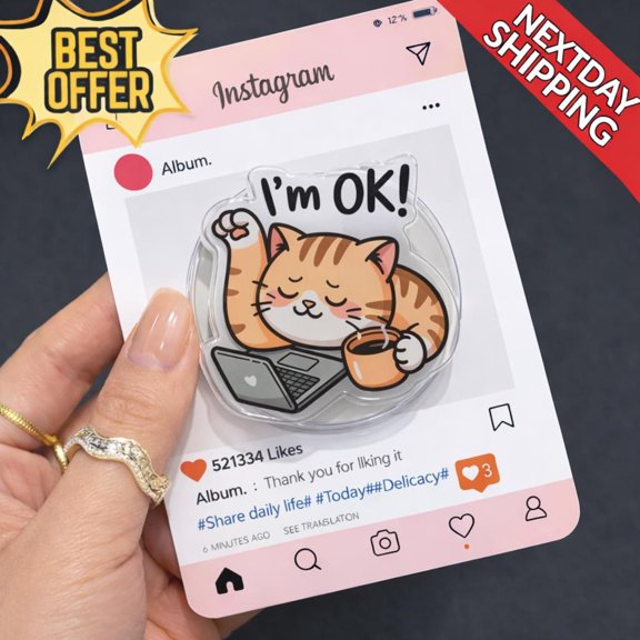 Funny Cat Phone Grip, Im OK Cat Meme Phone Holder, Cute Work From Home Cat Gift, Relatable Office Humor Grip