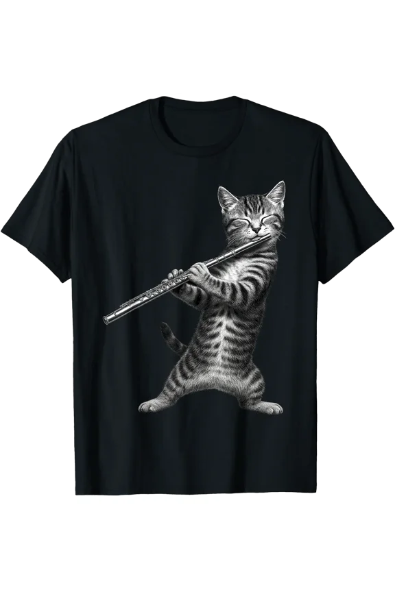 Funny Cat Playing Flute T-Shirt – Unique Gift for Cat Lover Cat Mom Dad