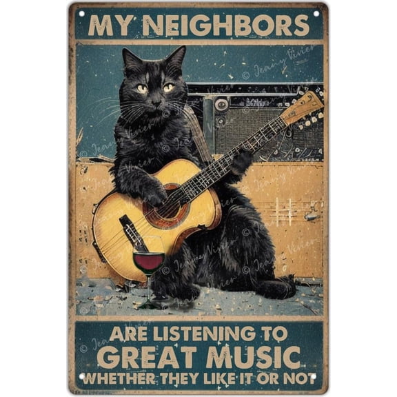 Funny Cat Playing Guitar Metal Signs Vintage Rock Music Wall Decor Man Cave Gym Pool Bar Bathroom Yard Garage Tin Signs, My Neighbors Are Listening To Great Music 5.5x8 Inch