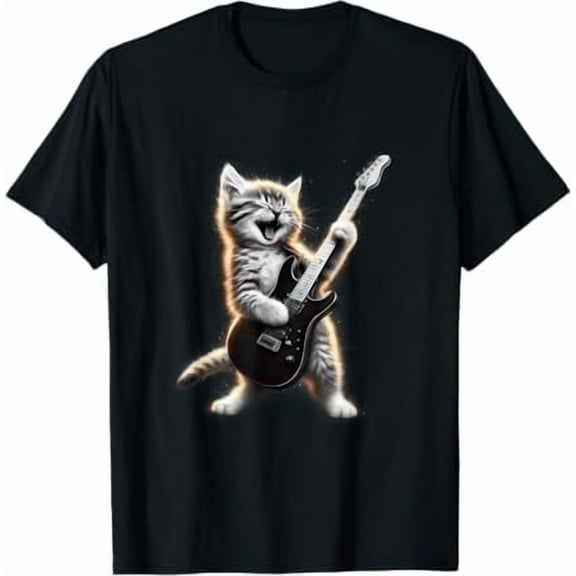 Funny Cat Playing Guitar Rock Star Rock and Roll for Men Women T-Shirt Crew Neck Short Sleeve Tees