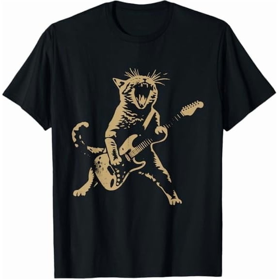 Funny Cat Playing Guitar Rock Star Rock and Roll for Men Women T-Shirt Crew Neck Short Sleeve Tees