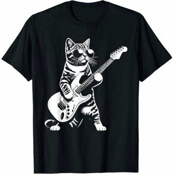 Funny Cat Playing Guitar Rock Star Rock and Roll for Men Women T-Shirt Crew Neck Short Sleeve Tees
