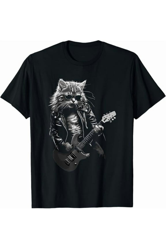 Funny Cat Playing Guitar Rock Star Rock and Roll for Men Women T-Shirt Crew Neck Short Sleeve Tees