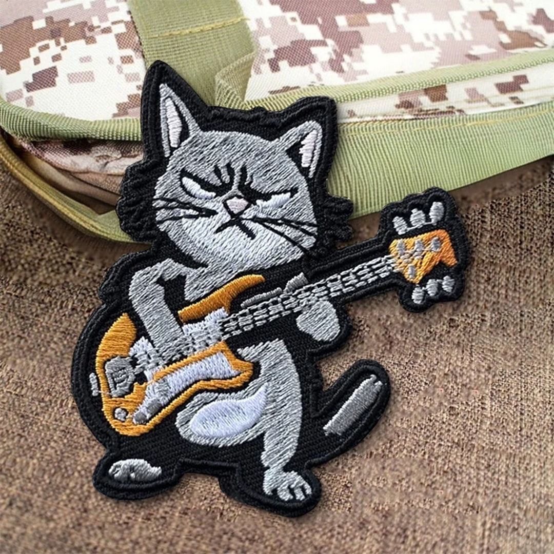 Funny Cat Playing Guitar Tactical Patch - Embroidered Morale Badge for Military, Army, and Backpack Accessories