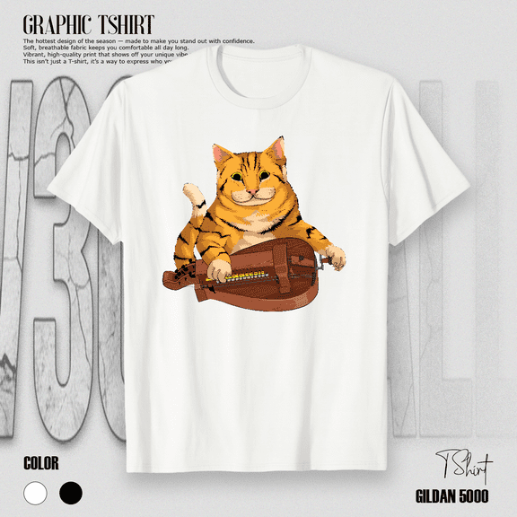 Funny Cat Playing Hurdy Gurdy Instrument Musician Gift Design T-Shirt V16474, for Men & Women, up to Size 5XL