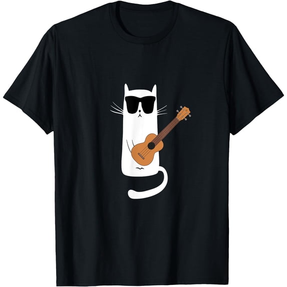 Funny Cat Playing Ukulele Softstyle Unisex T-Shirt,Black Color,Size 3XL