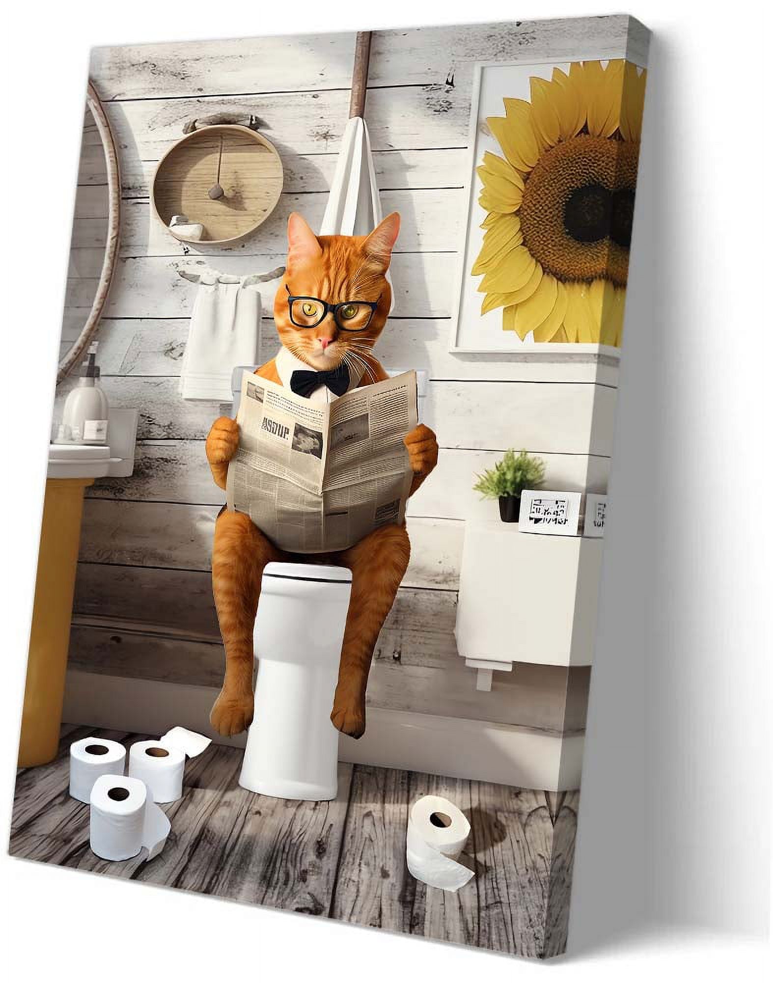 Funny Cat Poste Bathroom Wall Decor Cat on Toilet Reading Newspaper ...