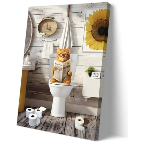 Funny Cat Poster Bathroom Wall Art Cat on Toilet Reading Newspaper Animal Poster Decorations for Home Giclee Painting Canvas Bedroom Wall Pictures