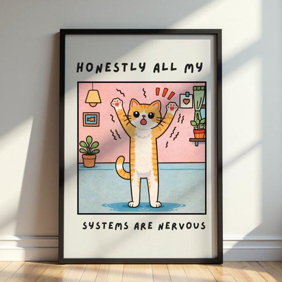 Funny Cat Poster Honestly All My Systems Are Nervous Print Anxious Cat Wall Art Funny Quote Poster Relatable Decor