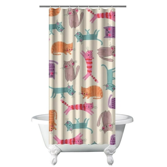 Funny Cat Print Shower Curtain, Adorable Watercolor Cat Artwork, Waterproof Quick-Dry Bath Curtain for Cat Lovers, 36x72 Inch