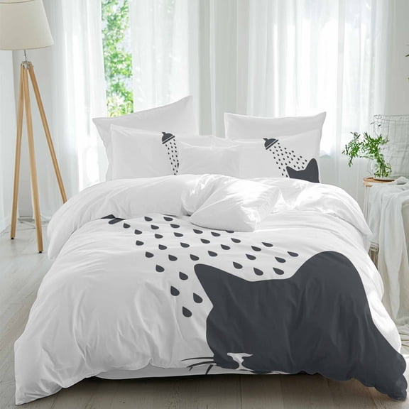 Funny Cat Queen Size Bed Set,Cartoon Grey White Animal Pattern Shadow Bedding for All Seasons,4 Pcs Bed Set,1 Quiltcover(90"x92"),1 Sheet(94"x116"),2 Pillowcases(30"x20")