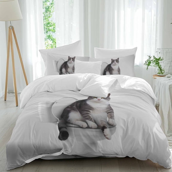Funny Cat Queen Size Comforter Set, Black White Animal Cat on Toilet Abstract Painting Bedding for All Seasons, 4 Pcs Bed Set, 1Quiltcover (90"x92") ,1Sheet(94"x116"), 2Pillowcases (30"x20")