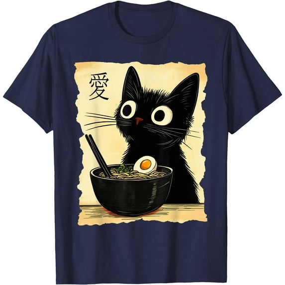 Funny Cat Ramen Graphic Japanese Kawaii Anime Unisex T-Shirt for Men Women Kids Toddler,Navy Color,Size YL