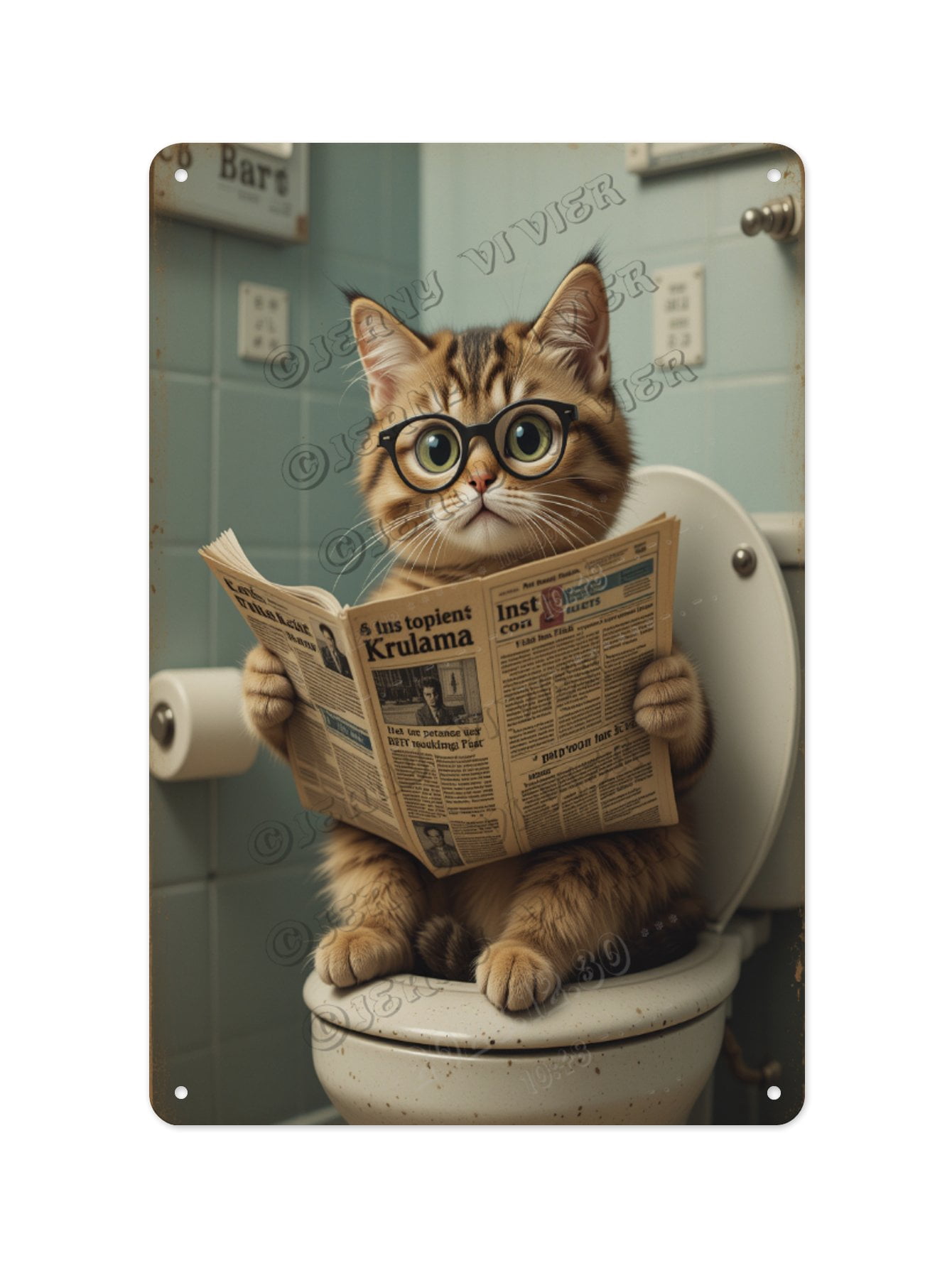 Funny Cat Reading Newspaper on the Toilet Aluminum Sign 8 x 12 Inches ...