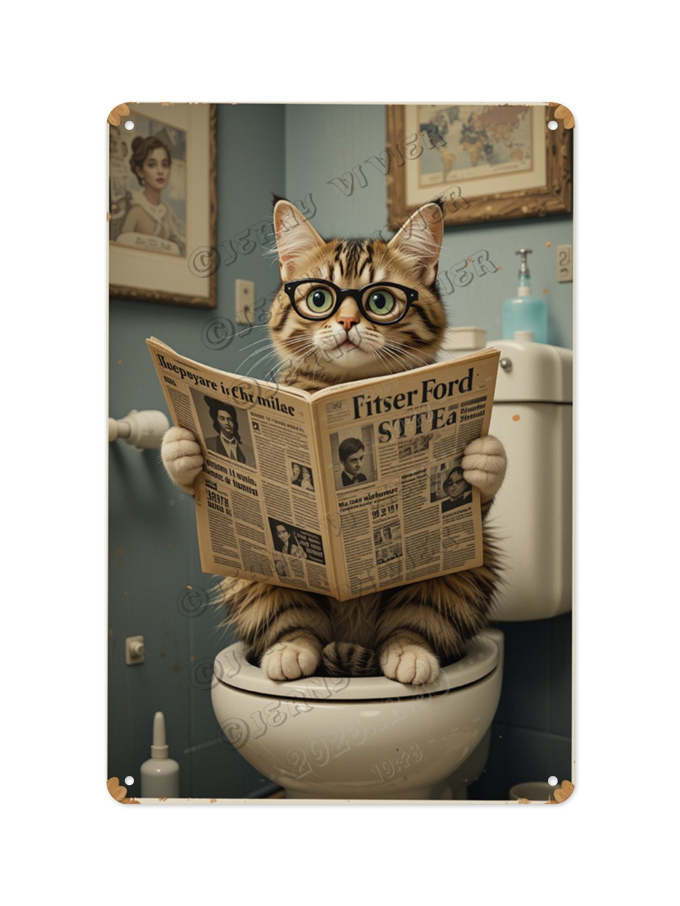Funny Cat Reading Newspaper on the Toilet Aluminum Sign 8 x 12 Inches ...