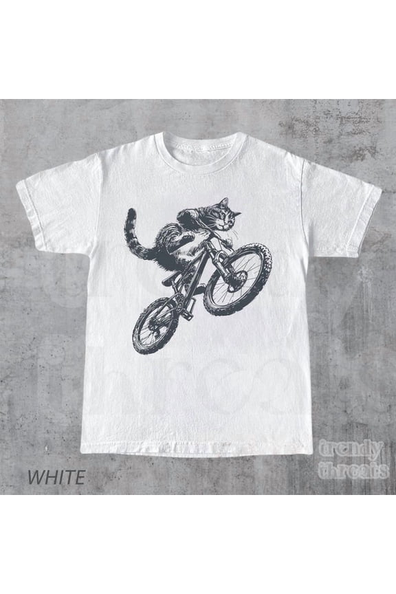 Funny Cat Riding Mountain Bike Retro MTB Cycling Unisex Short-Sleeve Graphic T-Shirt Cat Lover Biker Gift