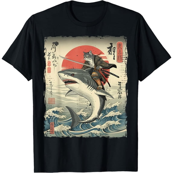 Funny Cat Riding Shark Japanese Ukiyo-e Art Samurai Cat T-Shirt