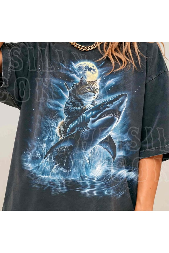 Funny Cat Riding Shark T-Shirt - Vintage Night Forest Graphic Shirt - Funny Cat Warrior Ocean Graphic Tee - Animal Fantasy Gift BLACK Unisex S-5XL Hot Trending Shirt, Vintage Birthday Gift