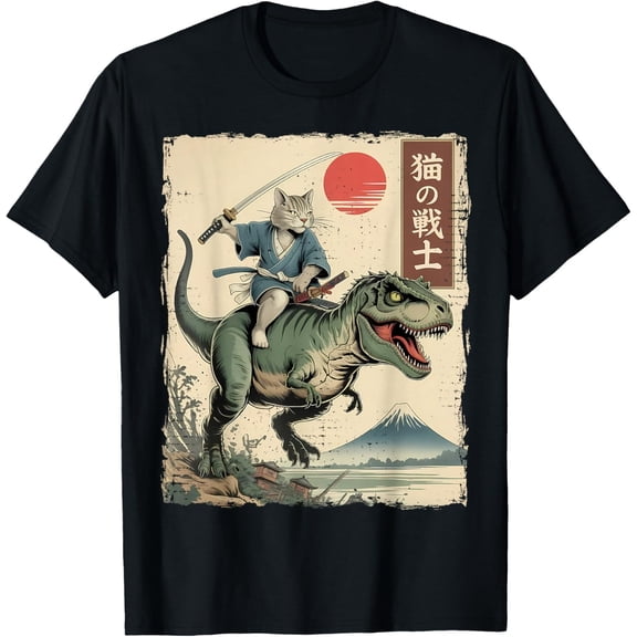 Funny Cat Riding T-Rex Japanese Ukiyo-e Art Samurai Cat T-Shirt unisex T-Shirt