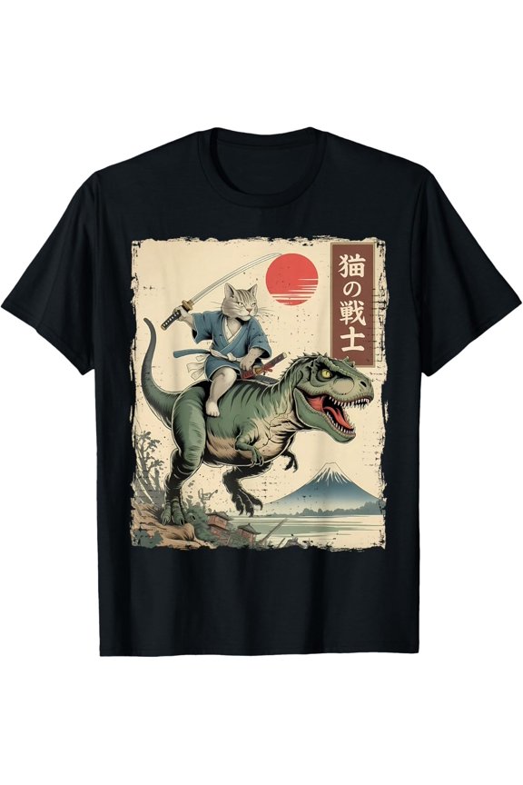 Funny Cat Riding T-Rex Japanese Ukiyo-e Art Samurai Cat T-Shirt