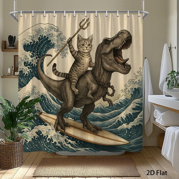 Funny Cat Riding T-Rex Shower Curtain with Hooks, 70x70 Inch Bathroom Decor, Modern Bath Curtain Decoration