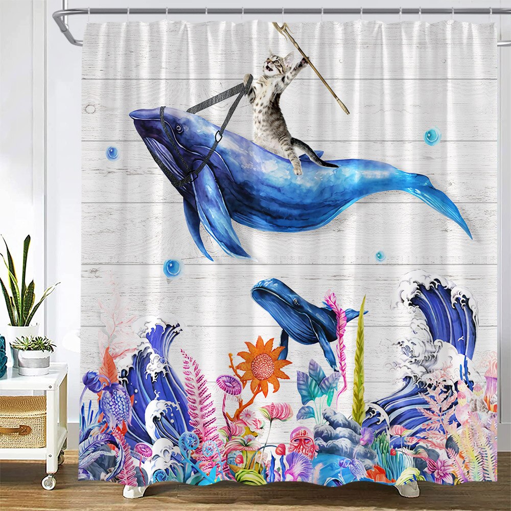 Funny Cat Riding Whale Shower Curtain Fun Cartoon Animal Sea Waves Moon blue Starry Sky Scenery