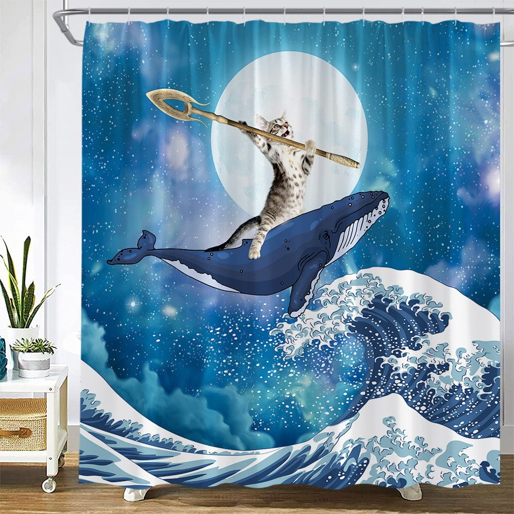 Funny Cat Riding Whale Shower Curtain Fun Cartoon Animal Sea Waves Moon blue Starry Sky Scenery