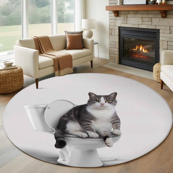Funny Cat Round Area Rug 6Ft Washable Circle Rugs for Bathroom Office, Modern Abstract Cute Animals on Toilets Artwork Non-Slip Carpet Floor Mats Indoor Outdoor Carpet Runner Aesthetic Home Decor