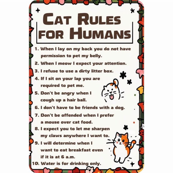 Funny Cat Rules Metal Sign 8X12 Inch20X30: Rustic Pet Humor Wall Decor Metal Wall Art Signs Man Cave Posters