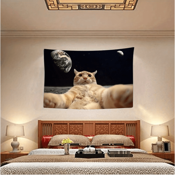 Funny Cat Selfie on the Moon Tapestry - Cute Orange Tabby Cat Taking a Selfie in Space with Earth Background, Humorous Sci-Fi Wall Art for Bedroom, Living Room, Dorm Decor