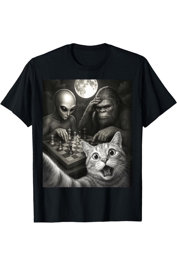 Funny Cat Selfie With A Bigfoot Playing Chess With Alien T-Shirt