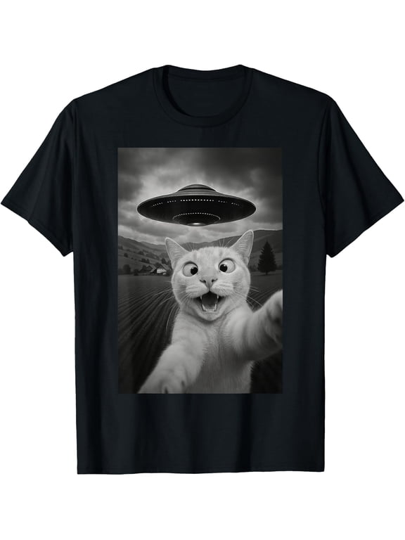Funny Cat Selfie With Alien Ufo Graphic Gift Cool Unisex T-Shirt