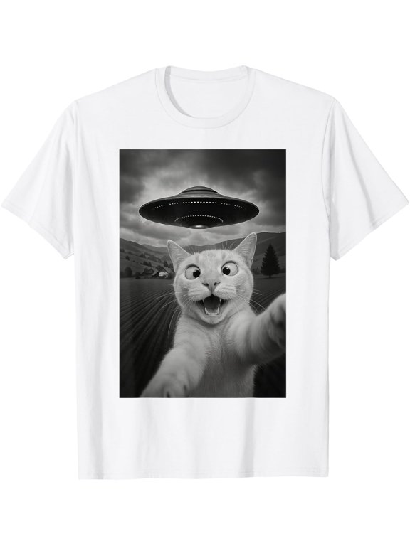 Funny Cat Selfie With Alien Ufo Graphic Gift Cool Unisex T-Shirt