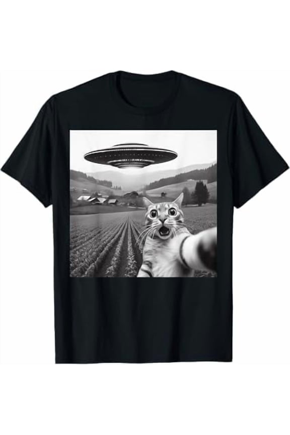 Funny Cat Selfie with Alien UFO Cat Lover Gifts for Unisex Men Women Kids T-Shirt