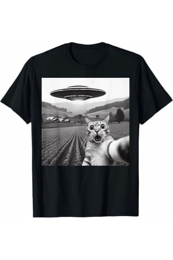 Funny Cat Selfie with Alien UFO Cat Lover Gifts for Unisex Men Women Kids T-Shirt