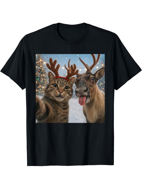 Funny Cat Selfie with Reindeer Christmas Holiday Meme T-Shirt
