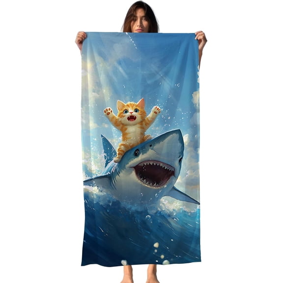 Funny Cat Shark Beach Towel, Coastal Ocean Cats Pool Towels, Cat Shark Lovers Gifts Large Beach Bath Travel Towels for Kids Girls Boys, Funny Cats Sharks Bathroom Accessories Decor, 30x60in