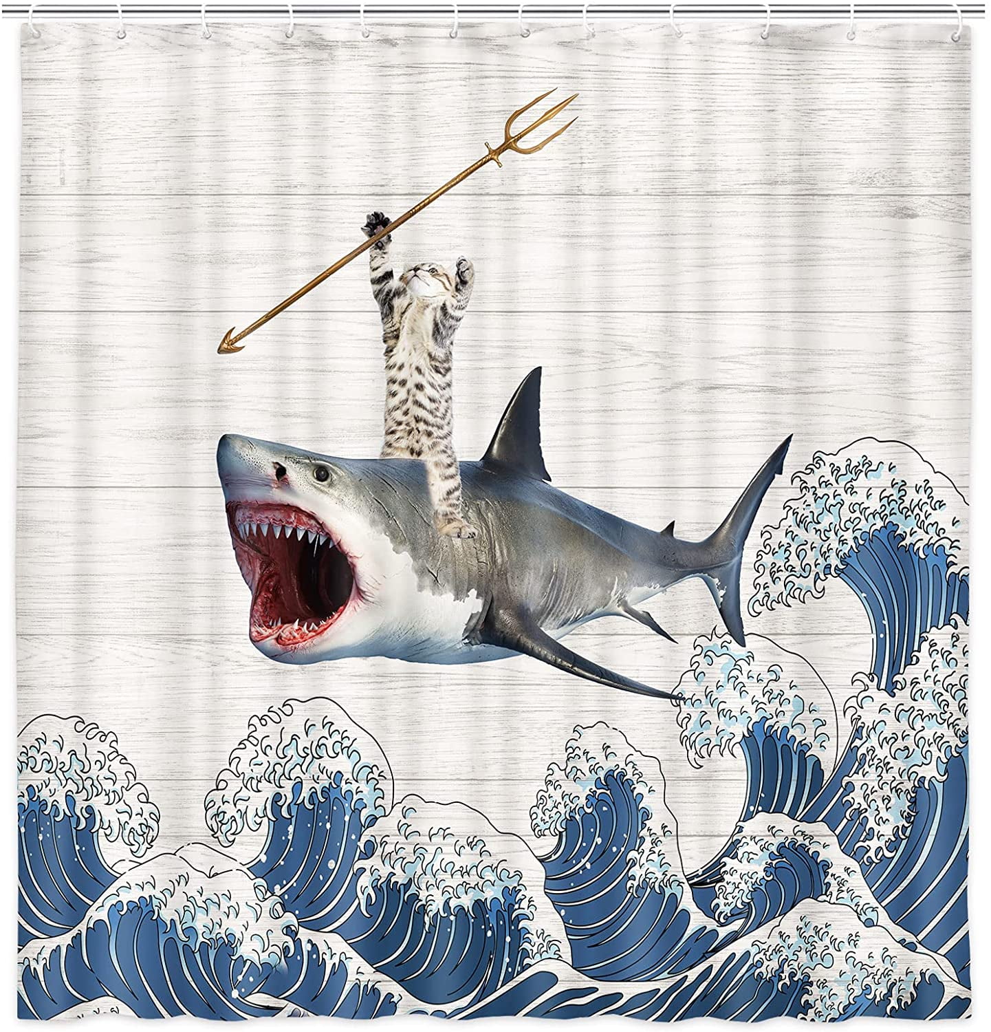 Funny Cat Shark Fabric Shower Curtain, Cute Cat Riding Great White
