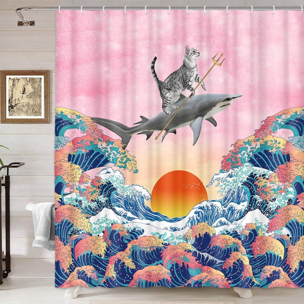 Polyester Funny Cat Dinosaur - Japanese Ocean Wave Design For Kids Bathroom  Decor Shower Curtain, image size:1000x1000