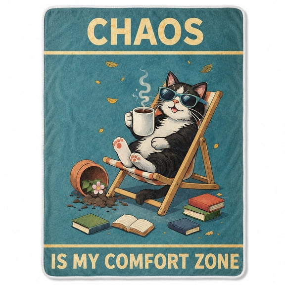 Funny Cat Sherpa Fleece Throw Blanket, Chaos Comfort Zone Design