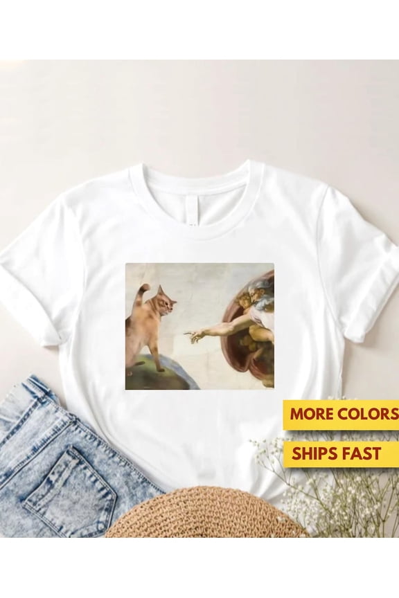 Funny Cat Shirt, Cat God Creation Of Adam Shirt WHITE Unisex S-5XL Trending Shirt
