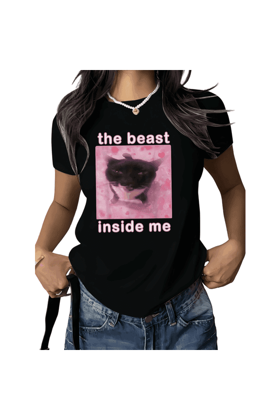 Funny Cat Shirt Graphic Tees Shirts Print Tshirt Black Women Cute Pink Cat Meme Aesthetic Humor Casual Summer Tee Size S-5XL Tops