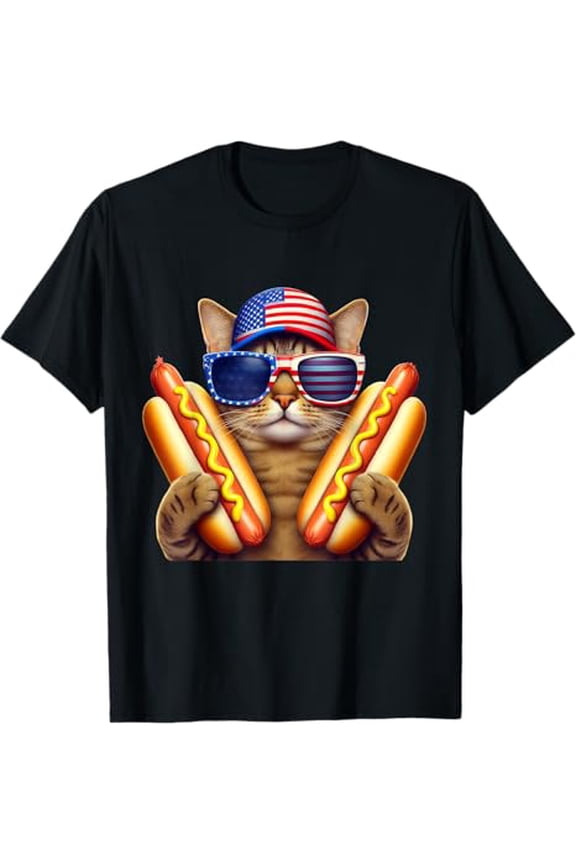 Funny Cat Shirt Patriotic Hot Dog Cat Graphic July 4th BBQ Shirt Unisex Cotton T-shirt, Size S-5XL