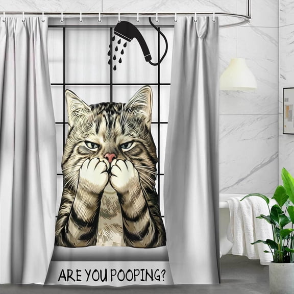 Funny Cat Shower Curtai, are You Poopin' Curious Kitty Cute Retro HumorousWhimsical Bathroom Curtain, Cool Cartoon Shower Curtain Set with Hooks, 72x75 Inches
