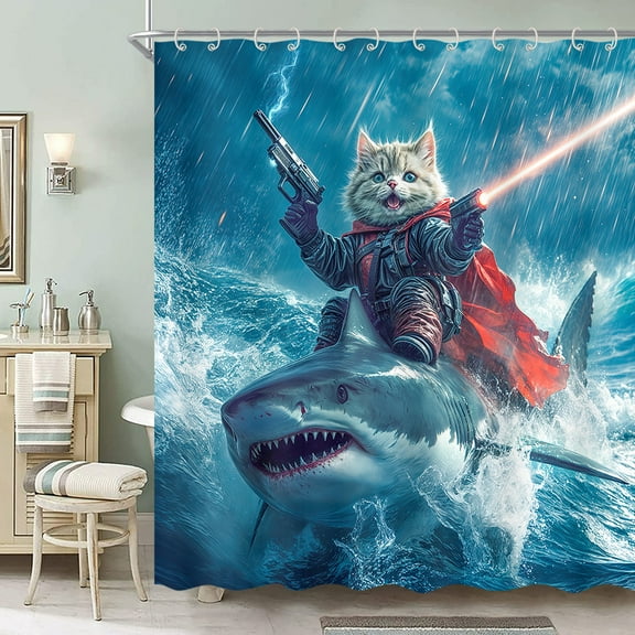 Funny Cat Shower Curtain for Bathroom Boys, Funky Cat Riding Shark Fighting on Blue Ocean Fabric Waterproof Shower Curtain Sets with Hooks, Blue Curtains Polyester Fabric Bathroom Bathtub 70X75in